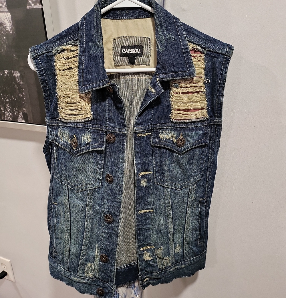 Carbon Blue Distressed Denim Vest with Beige Patch Accents